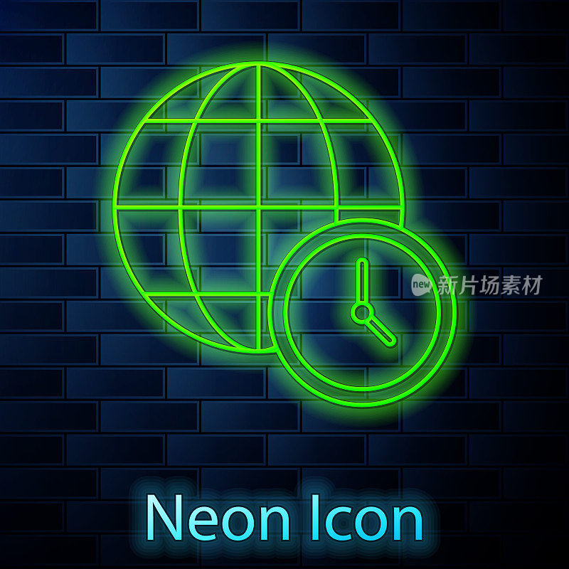 Glowing neon line World time icon isolated on brick wall background. Clock and globe. Vector